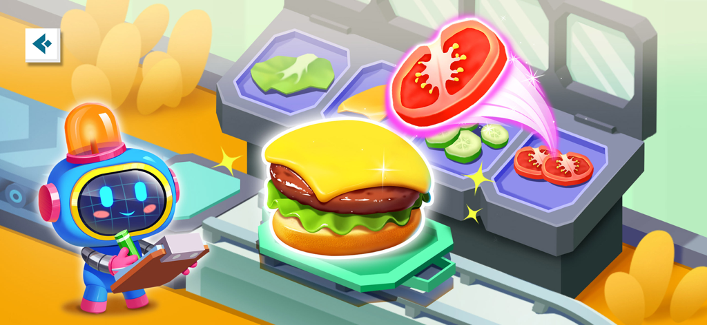 Little Panda: Pocket Factory - Un asistente robot azul gestionando una línea de montaje de hamburguesas con rodajas de tomate voladoras en una colorida fábrica