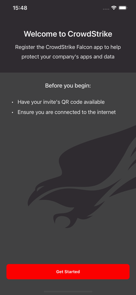 CrowdStrike Falcon app welcome and registration screen
