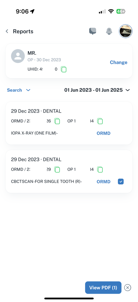 Yuvaan+ - Yuvaan plus app reports screen showing dental diagnostic results and view pdf button