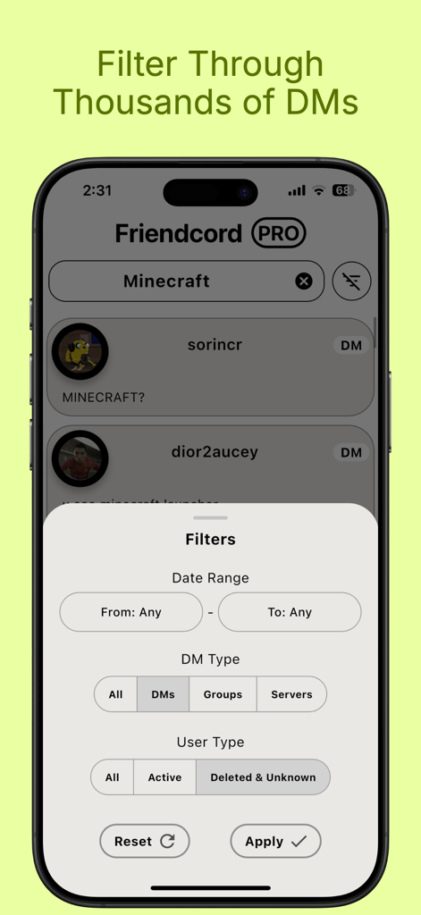 Friendcord | Reopen Discord DM - Discordダイレクトメッセージとグループチャットを検索するための高度なフィルターを備えたFriendcordアプリのインターフェース。
