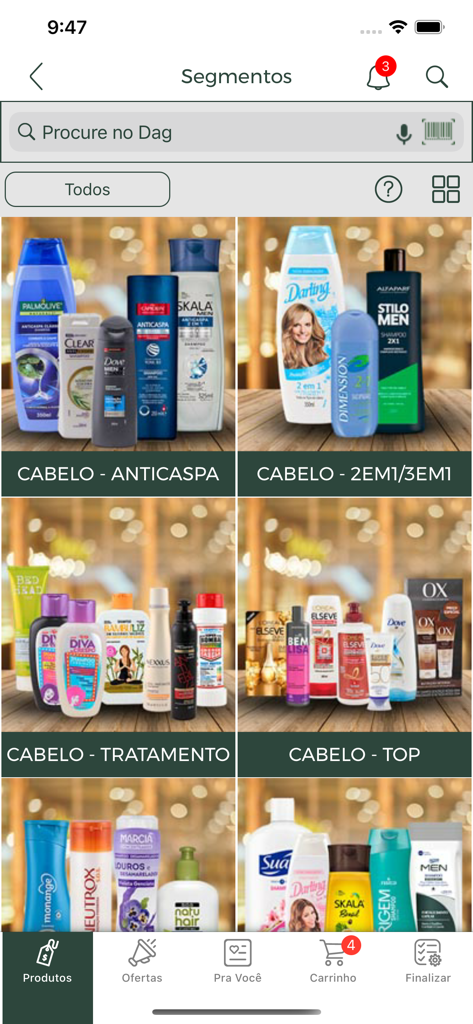Aplicación móvil Dag Distribuidor que muestra varios segmentos de categorías de productos para el cuidado del cabello al por mayor