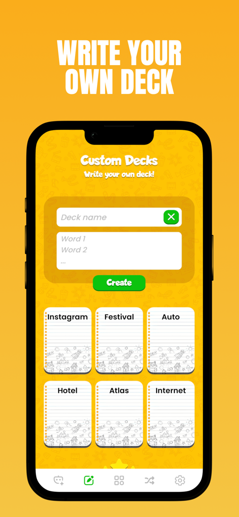 Charades - Guess The Word! - Interface of the Charades app showing how to write and create custom word decks