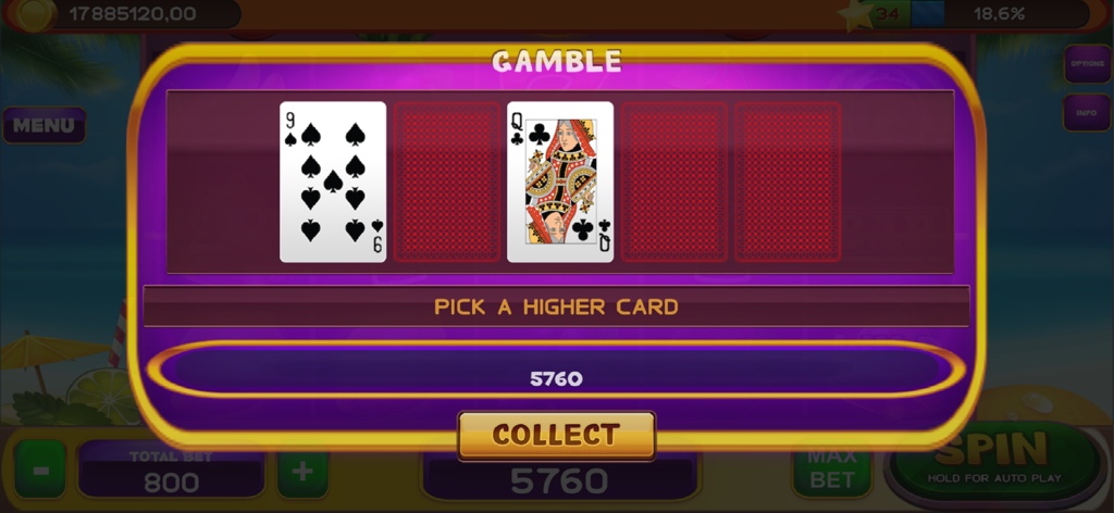 A gamble mini game screen in the Golden Club 777 casino app where the player must pick a higher card
