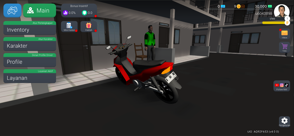 Ojol The Game - Schermata del menu di Ojol The Game con una moto rossa e un personaggio pilota in un ambiente urbano.