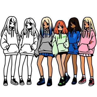 group of girls in baggy sweatshirts and shorts