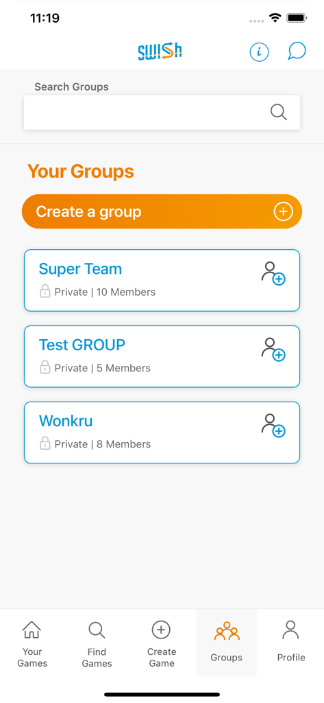Swish Sports - The groups management screen of the Swish Sports mobile app showing private player groups