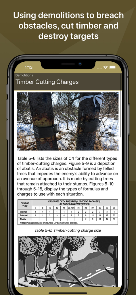 Army Ranger Handbook screen showing timber cutting charges and C4 requirements