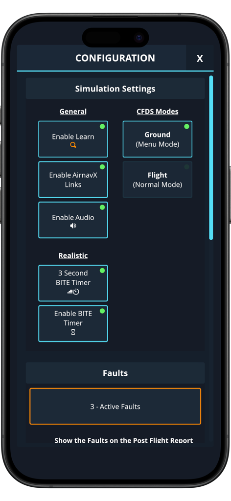 A320 CFDS Trainer - Interfaz de configuración del Entrenador CFDS A320 que muestra los ajustes de simulación y la selección del modo CFDS