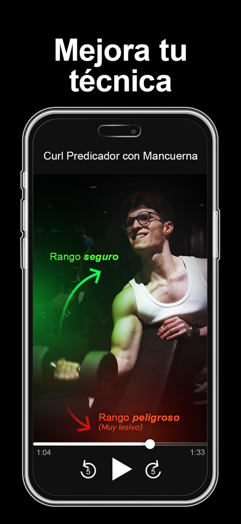 Symmetry: Rutinas Gimnasio Pro - Tutorial en video de la aplicación Symmetry para curls de predicador con mancuernas que muestra rangos de movimiento seguros e inseguros para una mejor técnica.