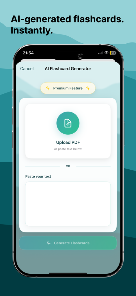 Study Guard app interface showing the AI flashcard generator with options to upload a PDF or paste text