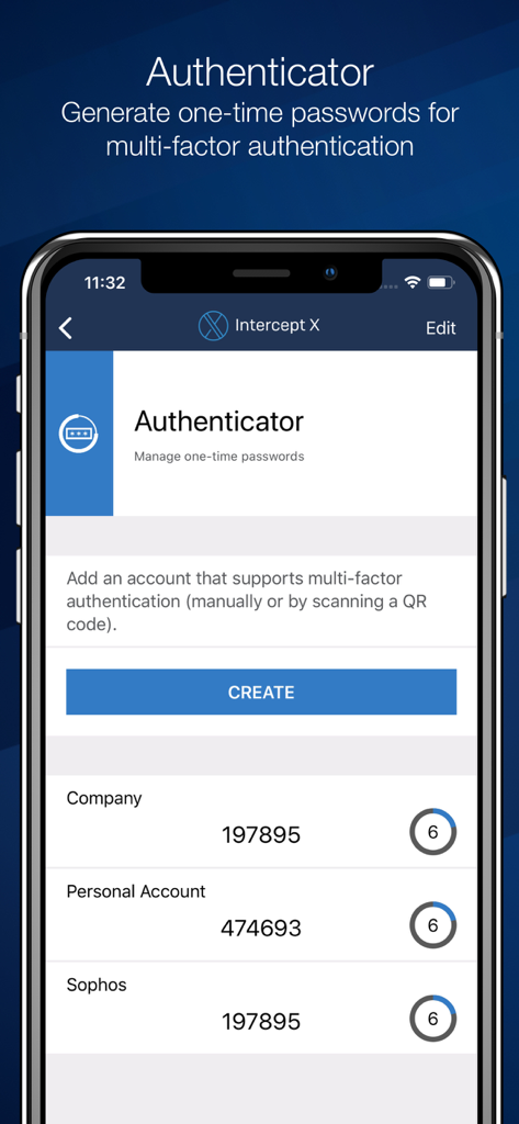 Sophos Intercept X for Mobile - Sophos Intercept X Authenticator interface with one-time passwords for company and personal accounts