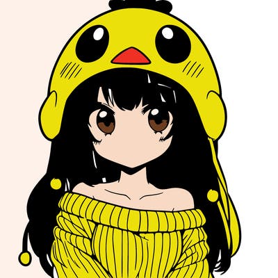 anime girl with chick shaped hat with sweater with bare shoulders with bangs covering them one eye with low tail