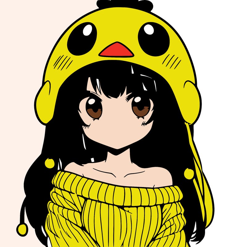 anime girl with chick shaped hat with sweater with bare shoulders with bangs covering them one eye with low tail