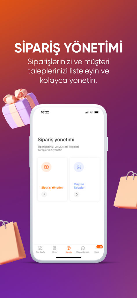 Order management screen of the Hepsiburada Business Partner app showing order tracking and customer request options.