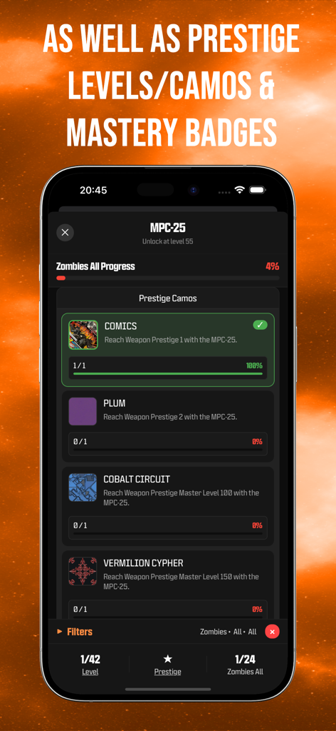 BO7 - Camo Tracker - Screenshot of the BO7 Camo Tracker app showing weapon prestige camos and mastery progress for the Zombies game mode.