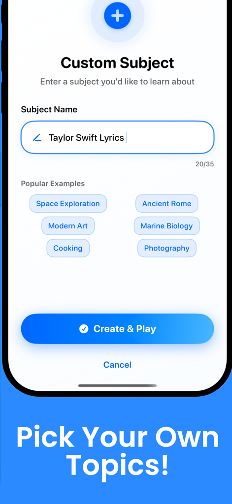 Trivia King: The Quiz of Kings - Interface of the Trivia King app showing the custom topic selection screen with Taylor Swift Lyrics as an example