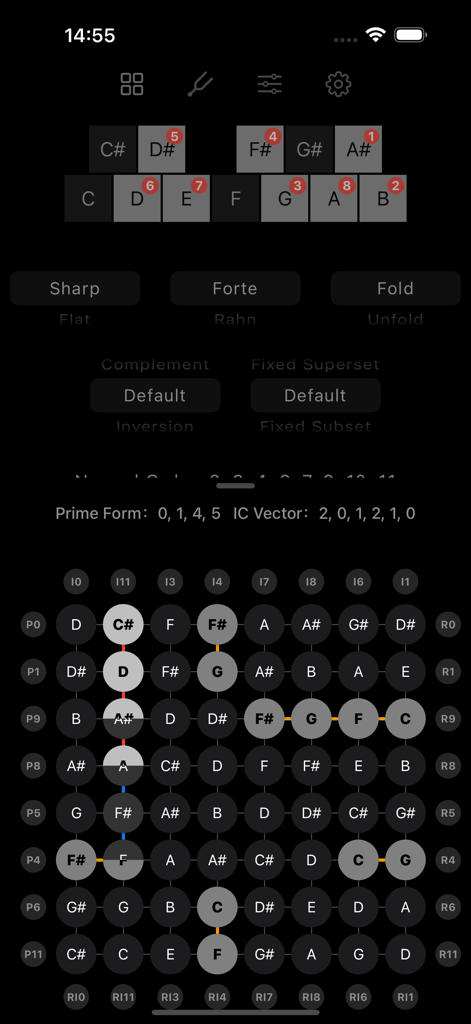 Composer Lab - Composer Lab mobile app interface showing a twelve-tone serialism matrix and pitch set theory analysis tools.