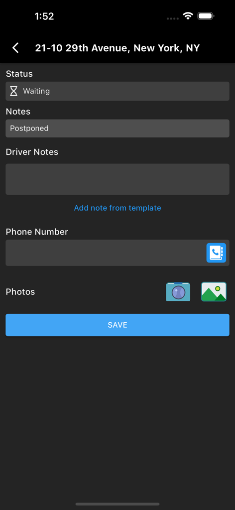 Routin Teamアプリのモバイルインターフェースに、住所、ステータス、メモ、写真オプションを含む配送停止の詳細が表示されています