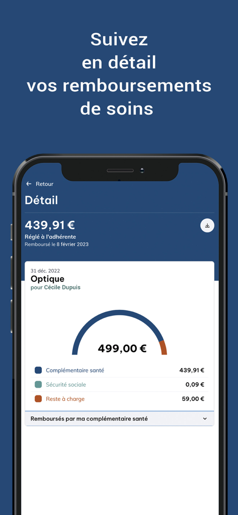 La Mutuelle Verte - Un écran de smartphone montrant une ventilation détaillée d'un remboursement d'assurance santé pour des soins optiques dans l'application La Mutuelle Verte.