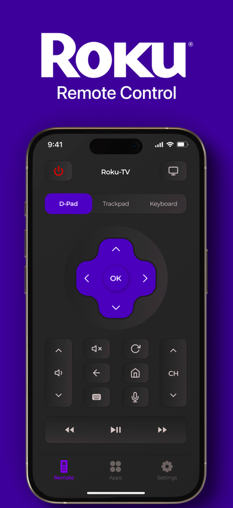Roku・TV Remote Control - Roku TV remote control app interface on an iPhone showing a purple D-pad and navigation buttons