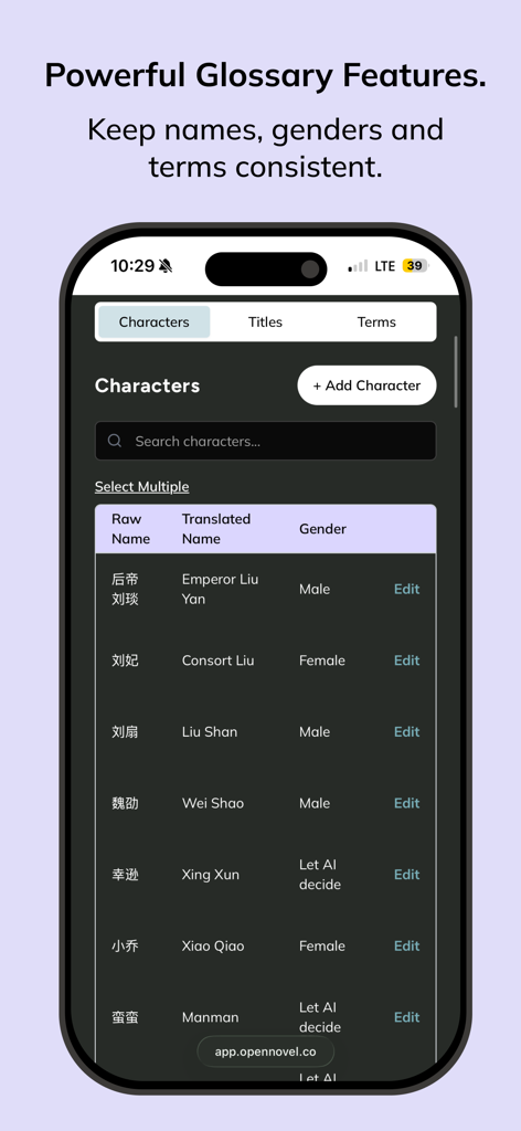 OpenNovel glossary screen showing translated character names and assigned genders for reading consistency.