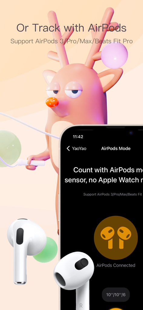 YaoYao - Jump Rope - YaoYao app interface showing the AirPods mode for tracking jump rope workouts