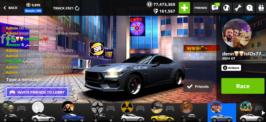 Rush Racing 2 - Drag Racing - Multiplayer social lobby in Rush Racing 2 featuring a customized sports car and live chat window