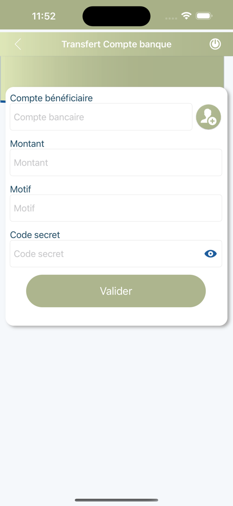 Interfaz del formulario de transferencia de cuenta bancaria en la aplicación móvil BGFIMOBILE CENTRAFRIQUE.
