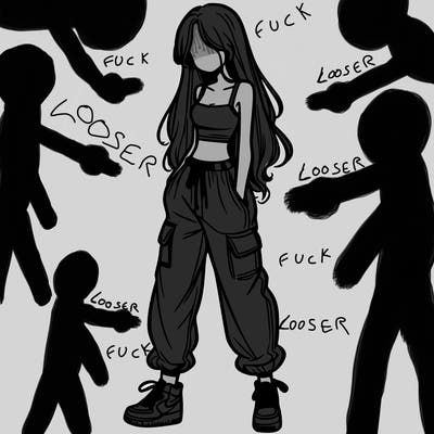 girl in baggy pants crop top and long hair