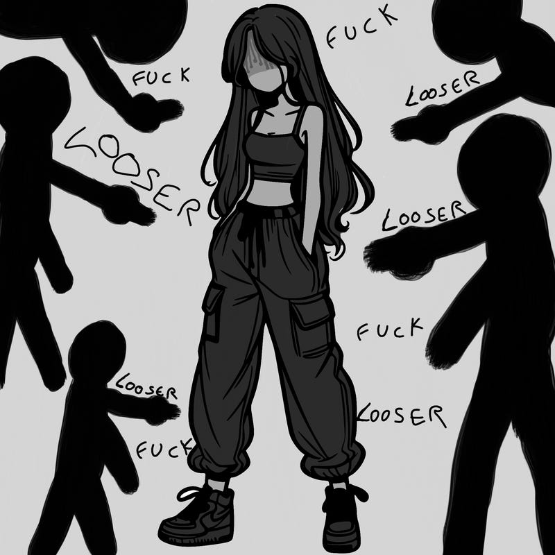 girl in baggy pants crop top and long hair