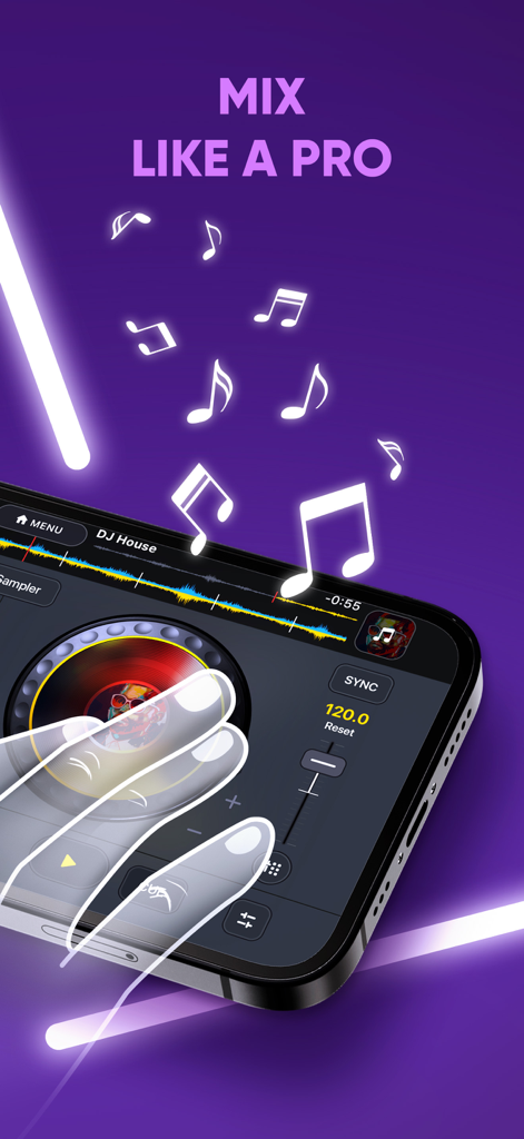 Smartphone showing the DJ it virtual music mixer app with a virtual turntable and mixing controls