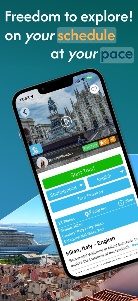 UCPlaces | Your tour guide app - UCPlaces mobile App zeigt eine selbstgeführte Audiotour durch Mailand auf einem iPhone-Bildschirm