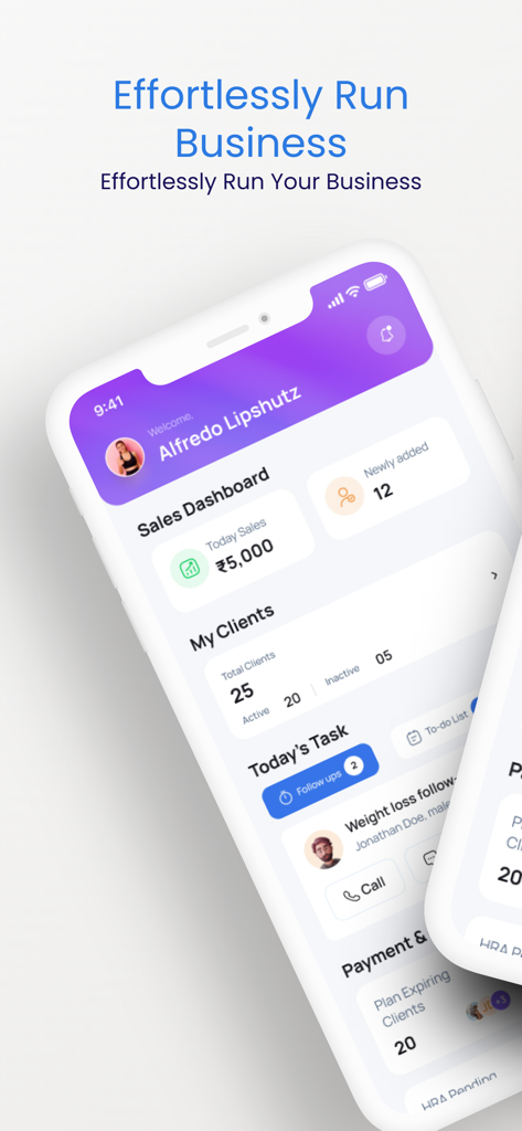 NutriSwift app dashboard interface showing sales metrics client management and daily tasks for dietitians