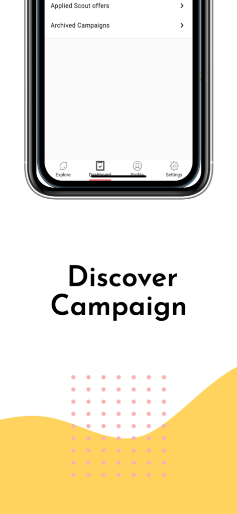 Lemon for Influencer - Un smartphone mostrando el panel de la aplicación Lemon for Influencer con el texto Discover Campaign