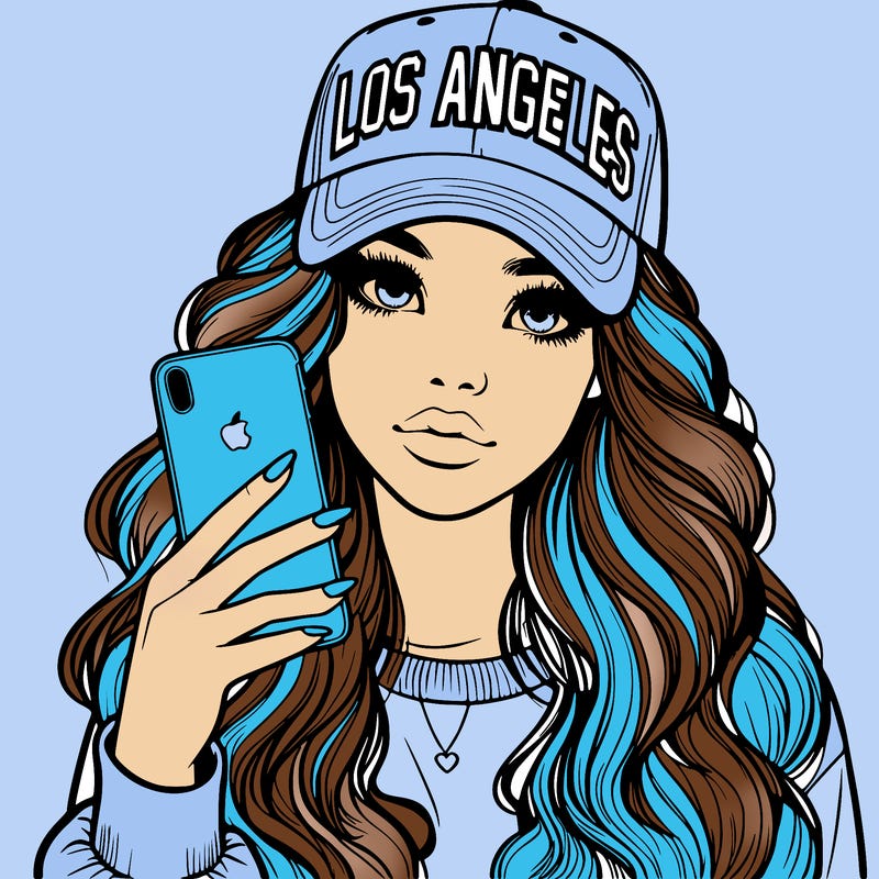 realistic beautiful girl wearing los ángeles cap holding an iphone