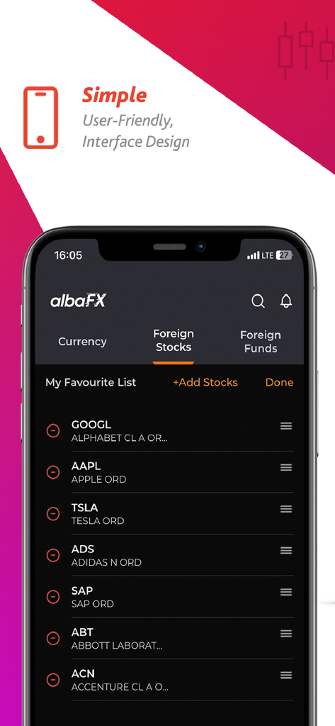 albaFX - albaFX mobile app interface displaying a favorite list of global stocks in dark mode