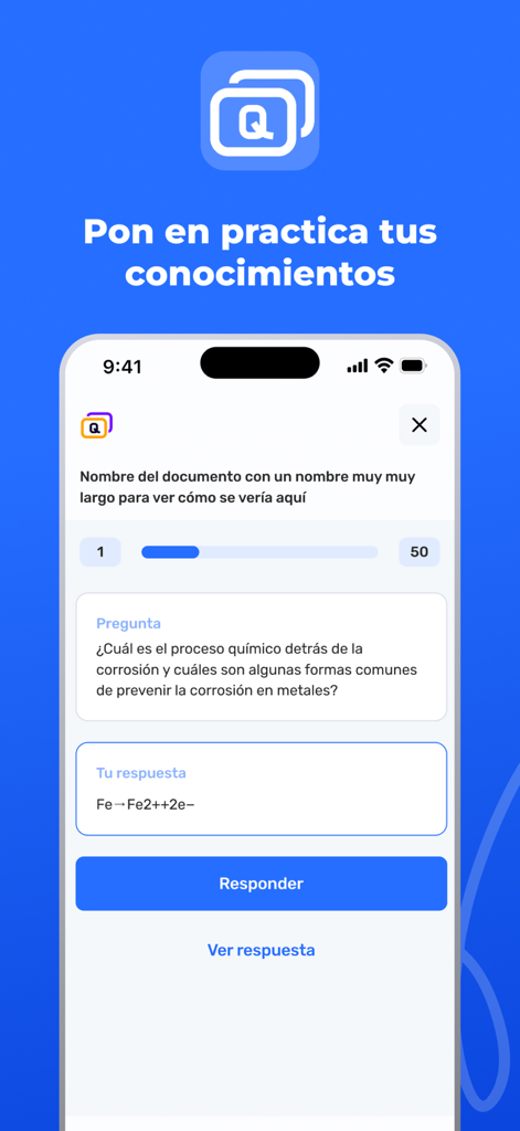 Interfaz de la aplicación móvil uDocz mostrando un cuestionario interactivo de química con una pregunta sobre corrosión y un campo de texto para que los estudiantes ingresen sus respuestas.