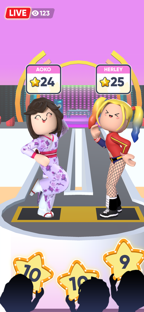 A gameplay screenshot of two models competing on a catwalk with judges scores at the bottom