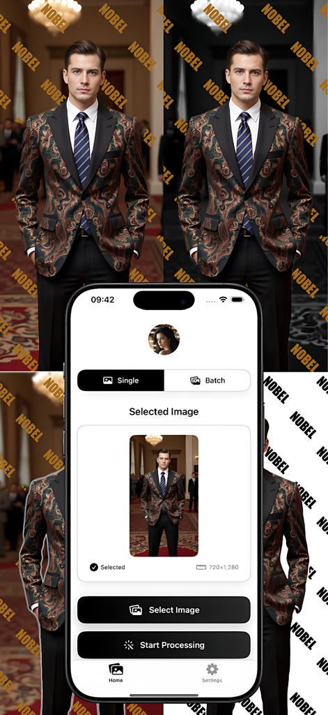 AIウォーターマーク写真アプリのインターフェース。ウォーターマークが顔をインテリジェントに避けているポートレートが表示されています。