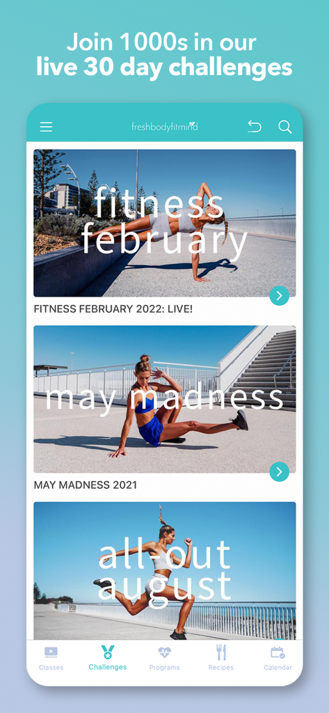 Interface de l'application FRESH BODY FIT MIND affichant les défis fitness mensuels de 30 jours