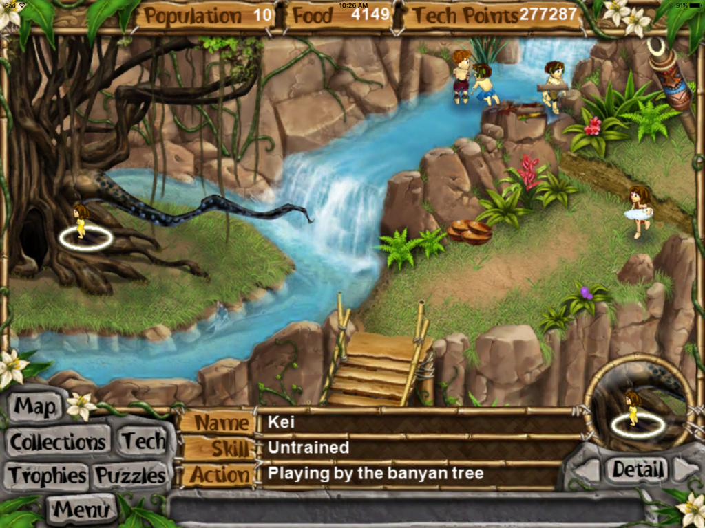 Virtual Villagers 4 for iPad - Gameplay screen of Virtual Villagers 4 for iPad featuring a tribe of villagers exploring a tropical island with a waterfall and a large banyan tree.