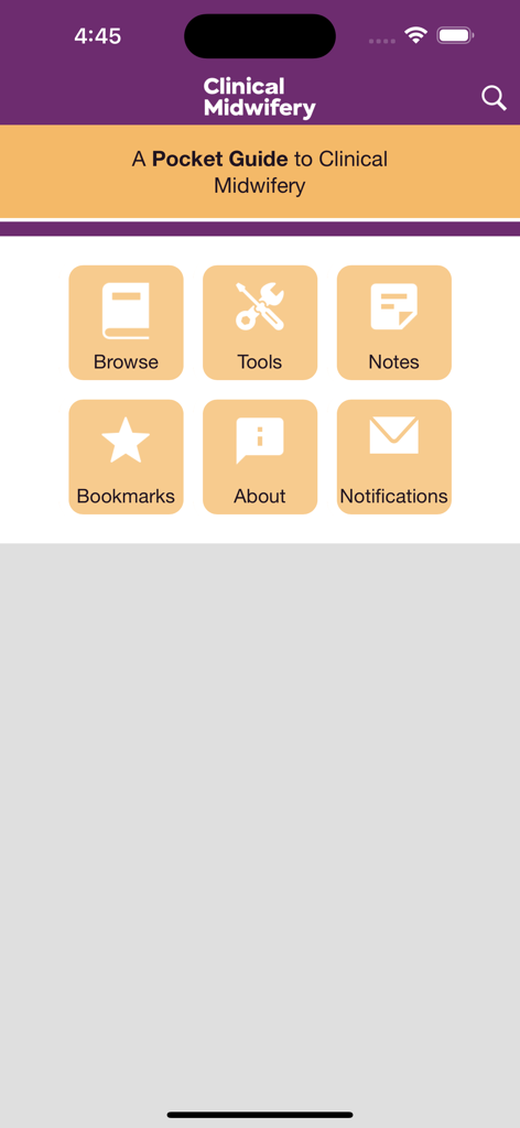 Guide to Clinical Midwifery - The home screen dashboard of the Guide to Clinical Midwifery app featuring main menu icons for Browse, Tools, Notes, and Bookmarks.