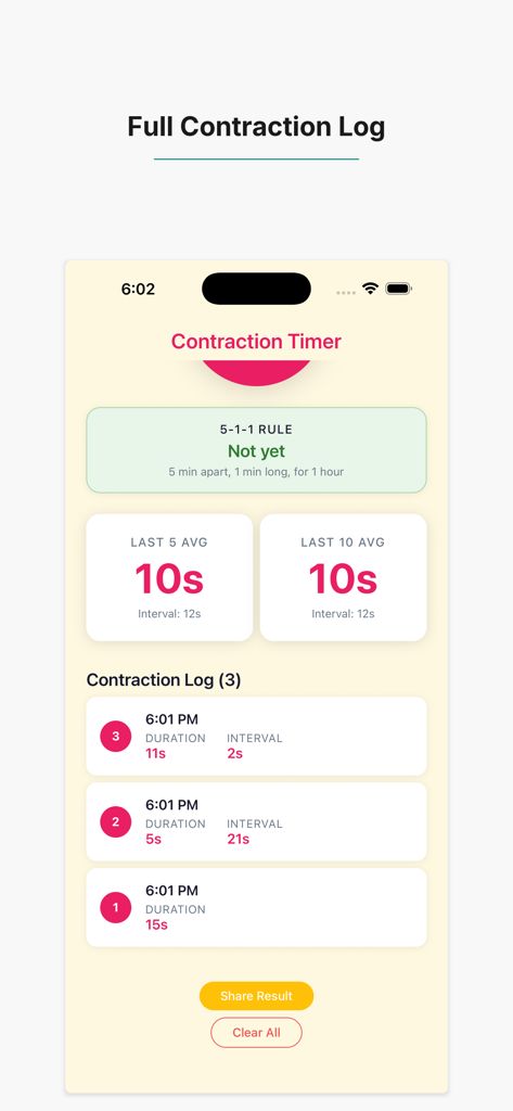 Contraction Timer: 5-1-1 - Screenshot of the Full Contraction Log screen in the Contraction Timer 5-1-1 app showing three recorded contractions and average durations