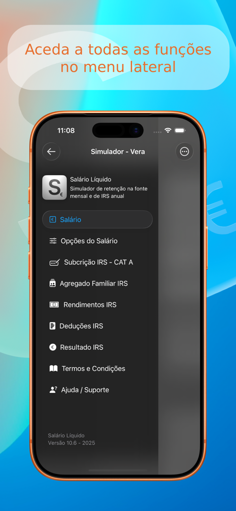 Side navigation menu of the Salario Liquido app showing various Portuguese tax and salary calculation options