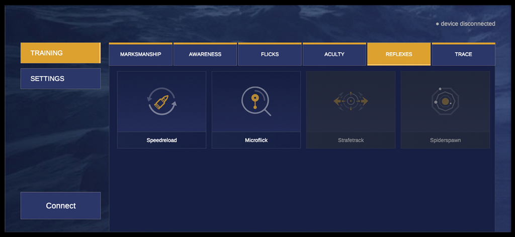 Shooting Lab Mobile - Shooting Lab Mobile app interface displaying the reflexes training category with drills including Speedreload and Microflick.