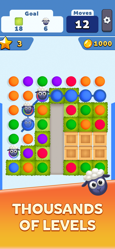 A gameplay screenshot of Collect Em All showing a color-linking puzzle with dots, sheep, and obstacles.