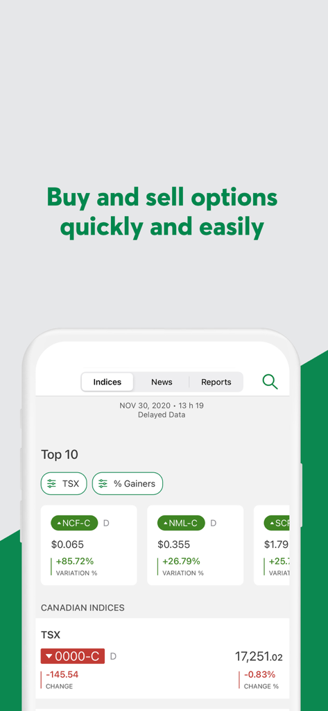 Interfaccia mobile dell'app Disnat che mostra gli indici del mercato azionario canadese e i titoli con i maggiori rialzi