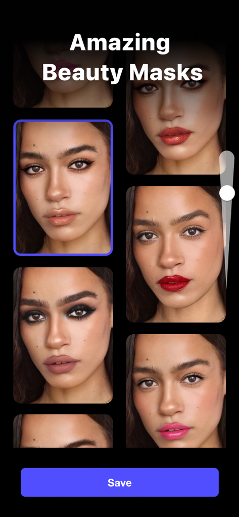 A grid of different AI-powered beauty and makeup masks applied to a woman's face in the Gradient app.