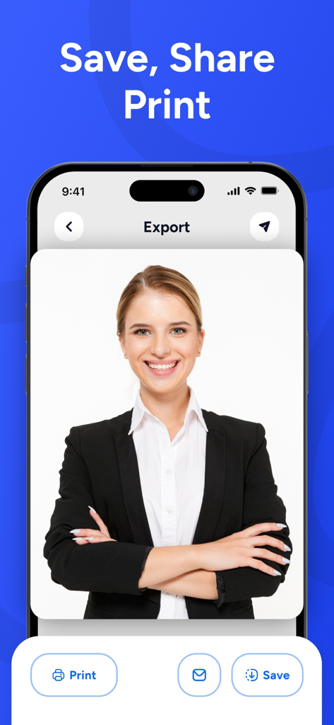 Export screen of the Passport Photo Maker app showing options to print save and share a professional ID photo.