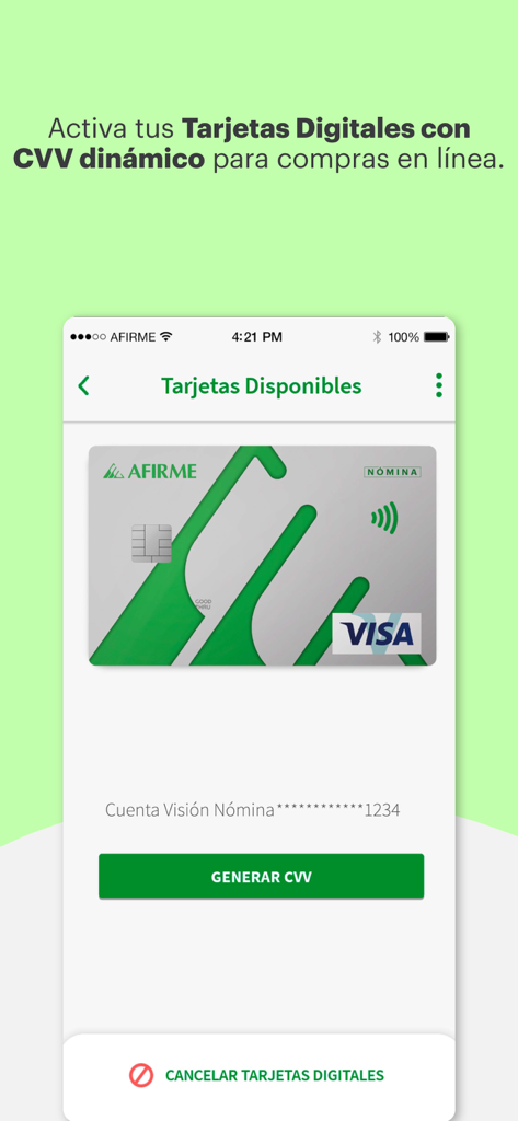 Afirme Móvil - Pantalla de la aplicación Afirme Movil que muestra una tarjeta Visa digital con una opción para generar un CVV dinámico para compras en línea seguras